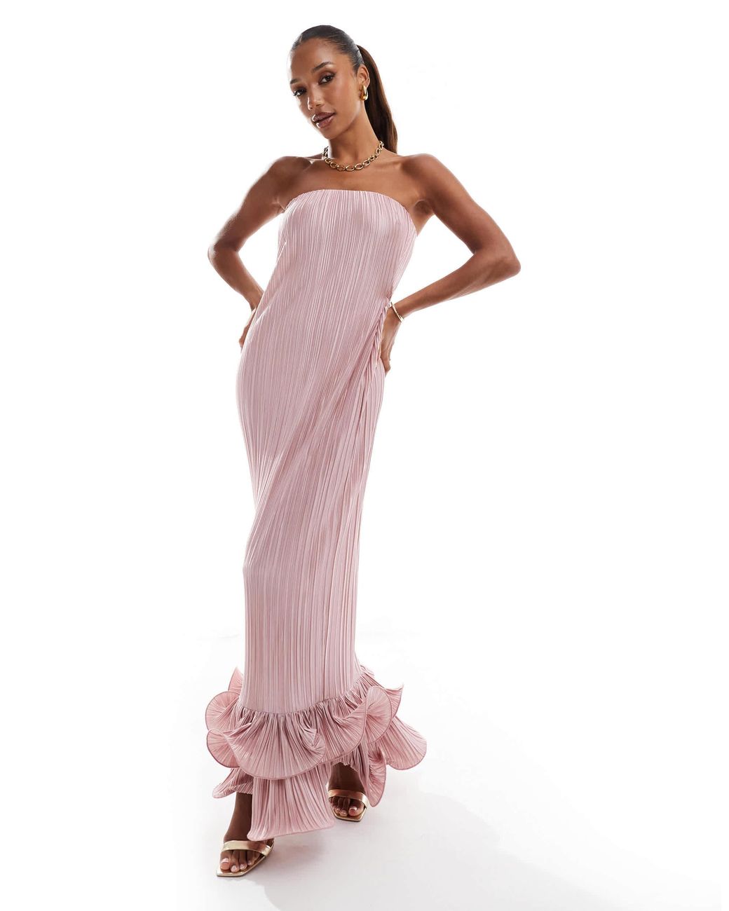 ASOS Bandeau Plisse Maxi Dress With Dramatic Curly Hem in Pink | Lyst