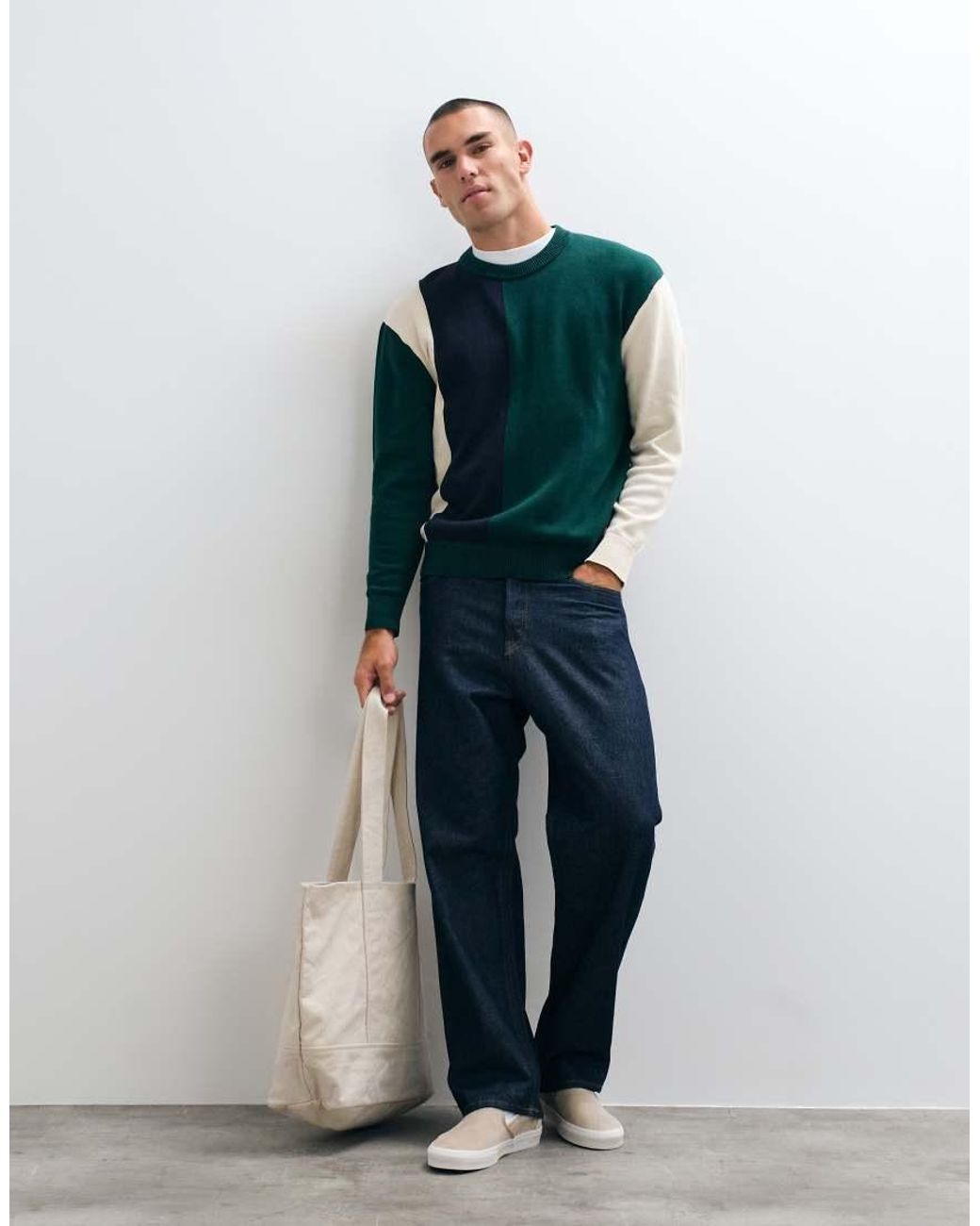 Parlez Green Colour Block Knitted Crewneck Jumper for men