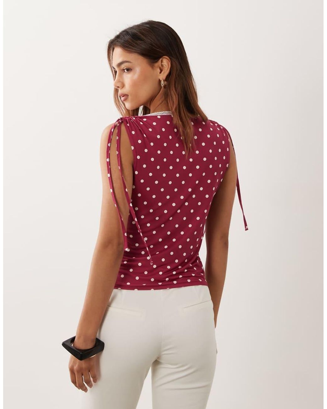 Miss Selfridge Red Ruched Shoulder V-neck Tank Top With Lace Trim