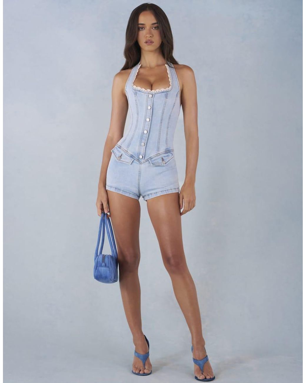 Oh Polly Blue Denim Halter Neck Lace Detail Playsuit