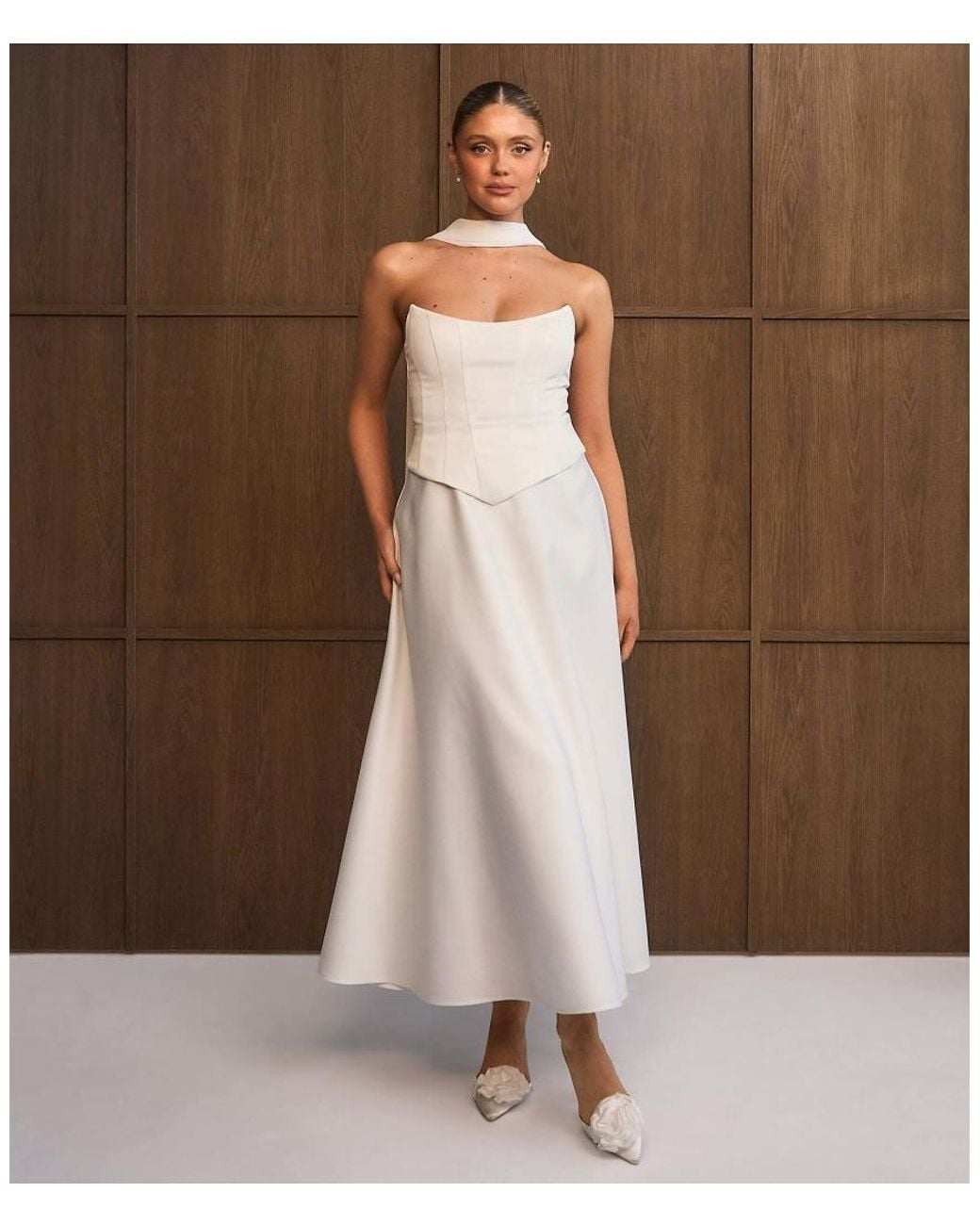 Six Stories Brown Satin Corset Midi Dress