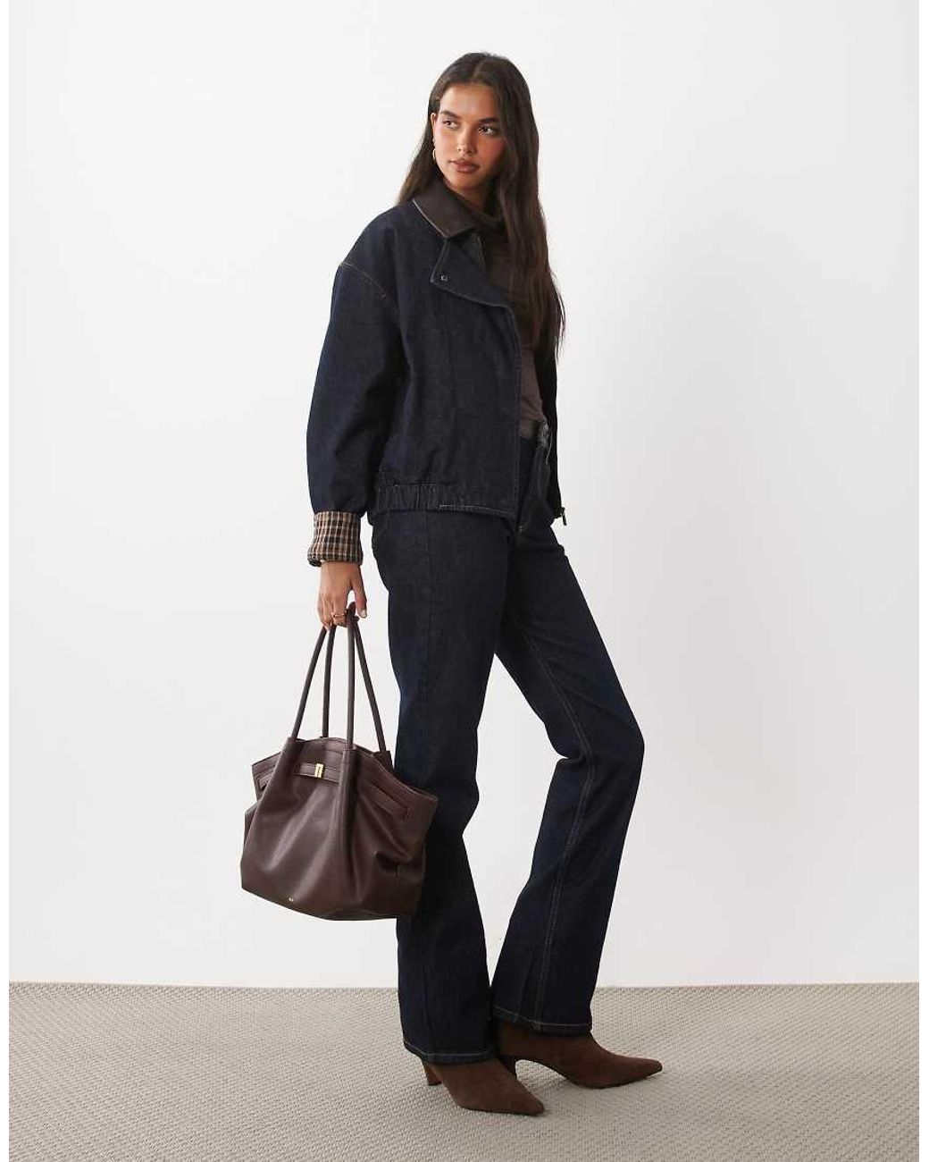 Mango Blue Maya Zip Through Denim Jacket Co-Ord With Faux Leather Collar