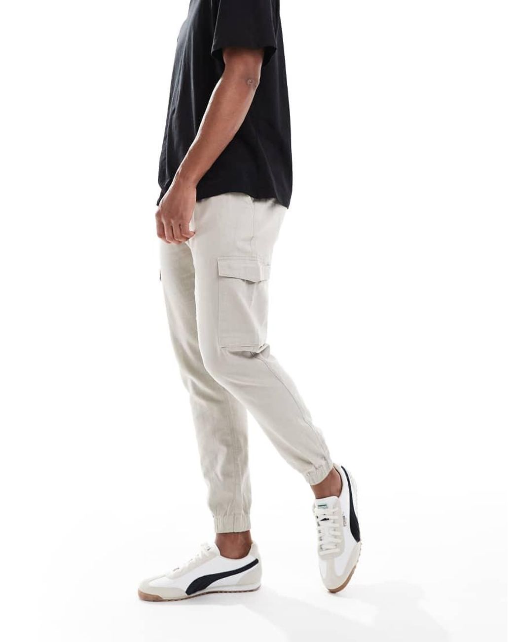 Brave Soul Black Cotton Linen Blend Cargo Trousers for men