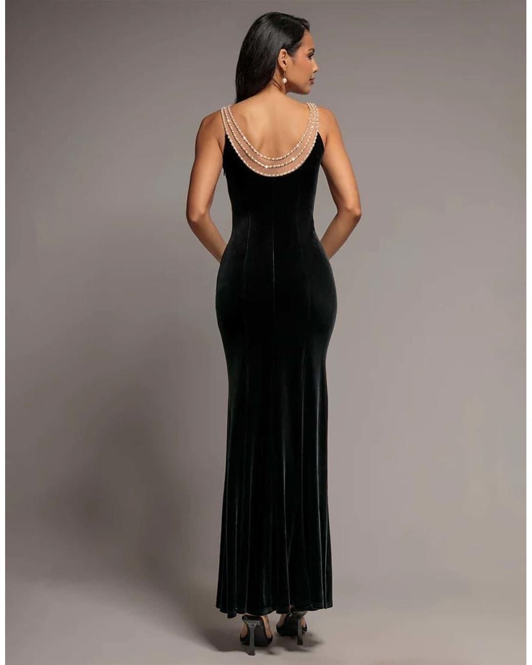Goddiva Black Pearl Diamante Neck Velvet Maxi Dress