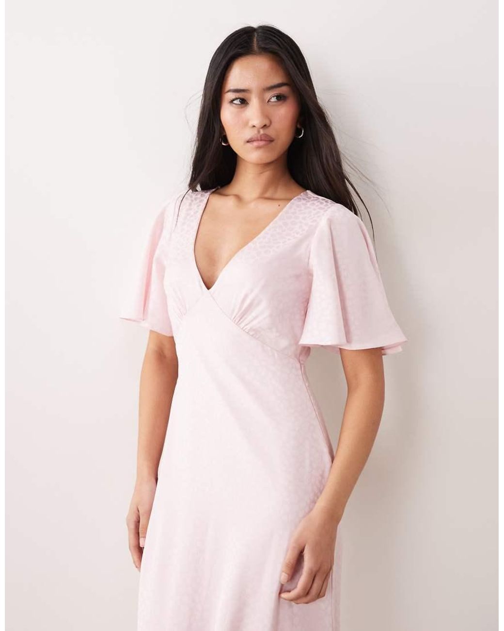 LACE & BEADS Pink Satin Jacquard V Neck Ruffle Hem Maxi Dress