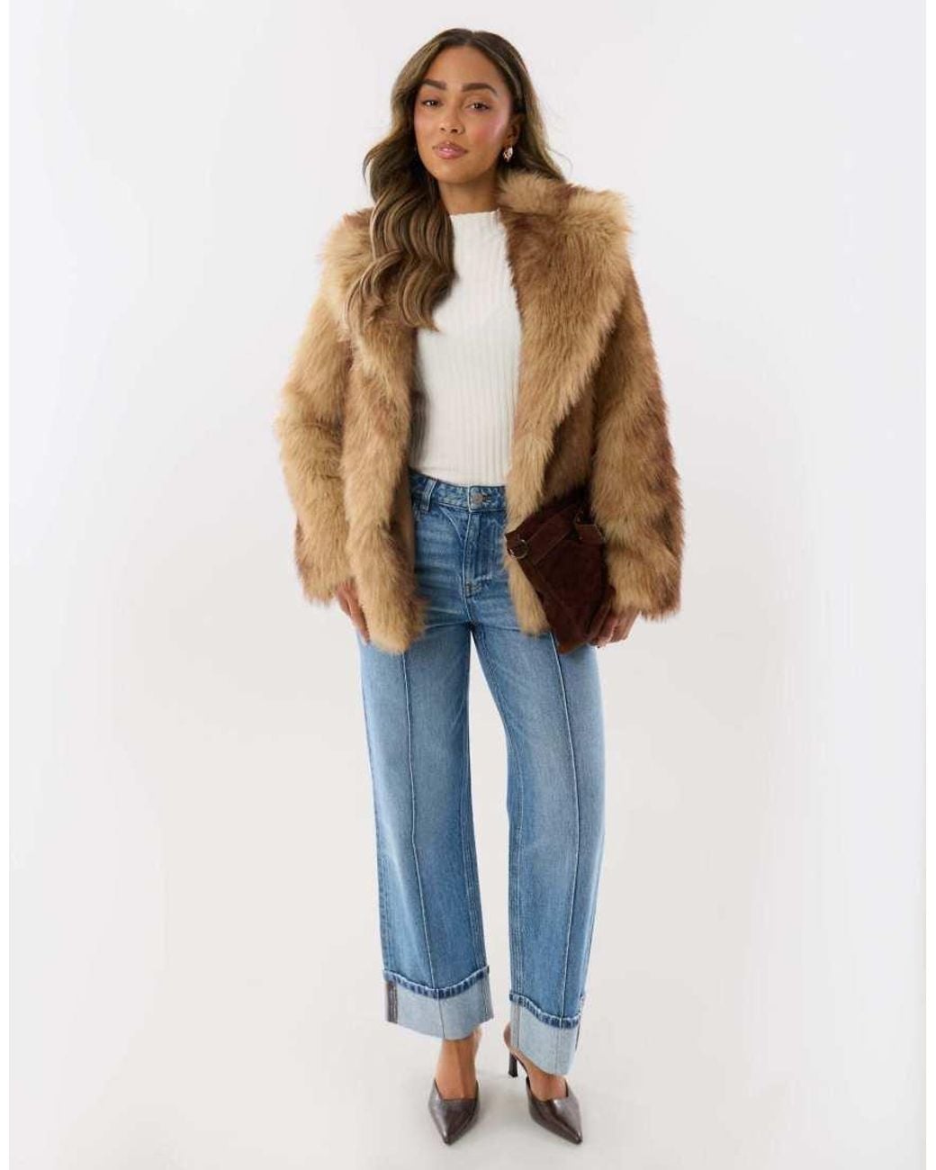 Threadbare Brown Oversized Collar Faux Fur Coat