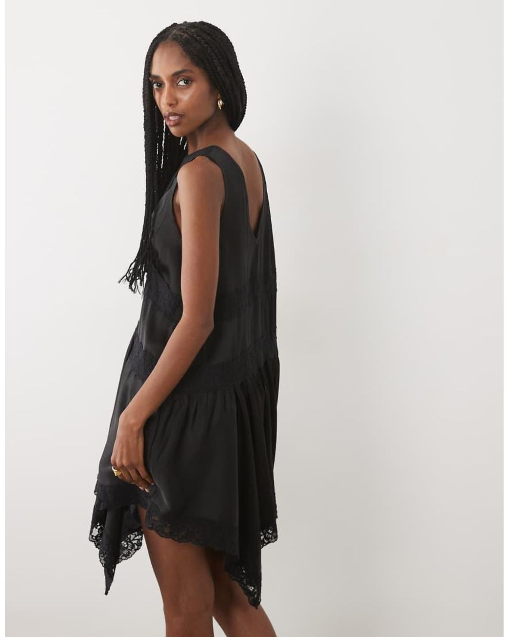 Miss Selfridge Natural Satin Lace Insert Hanky Hem Mini Dress
