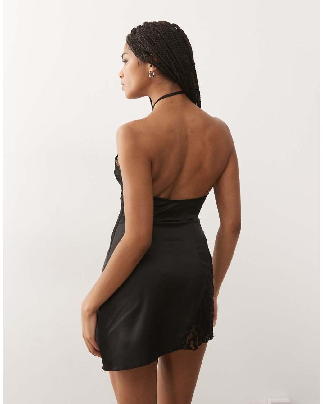 Lioness Black Amore Satin Sheer Lace Bust Panelling Detail Halterneck Mini Dress