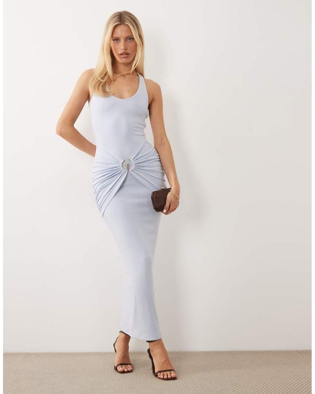 Ruched & Ready White Halterneck Scoop Neck Gathered Waist Metal Hardware Detail Maxi Dress