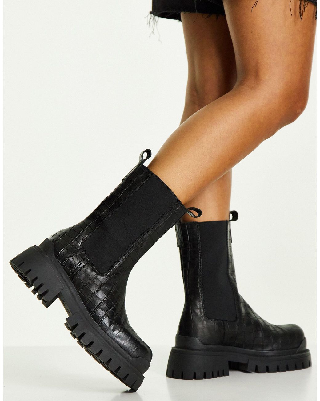 TOPSHOP Ace Leather Chunky Chelsea Boot in Black | Lyst