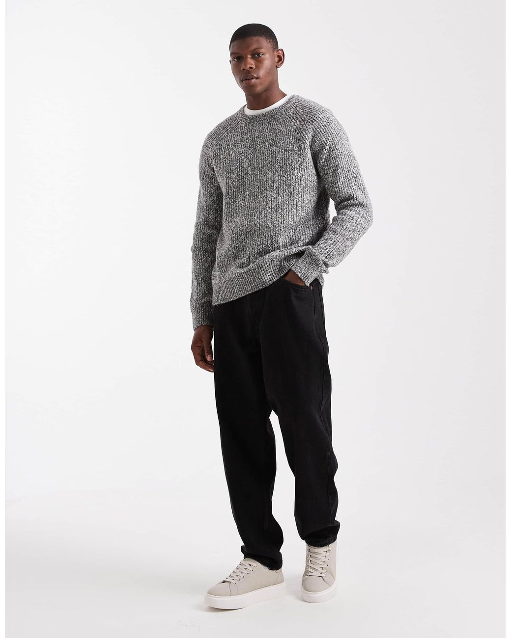 Threadbare Gray Crew Neck Rib Knit Sweater for men