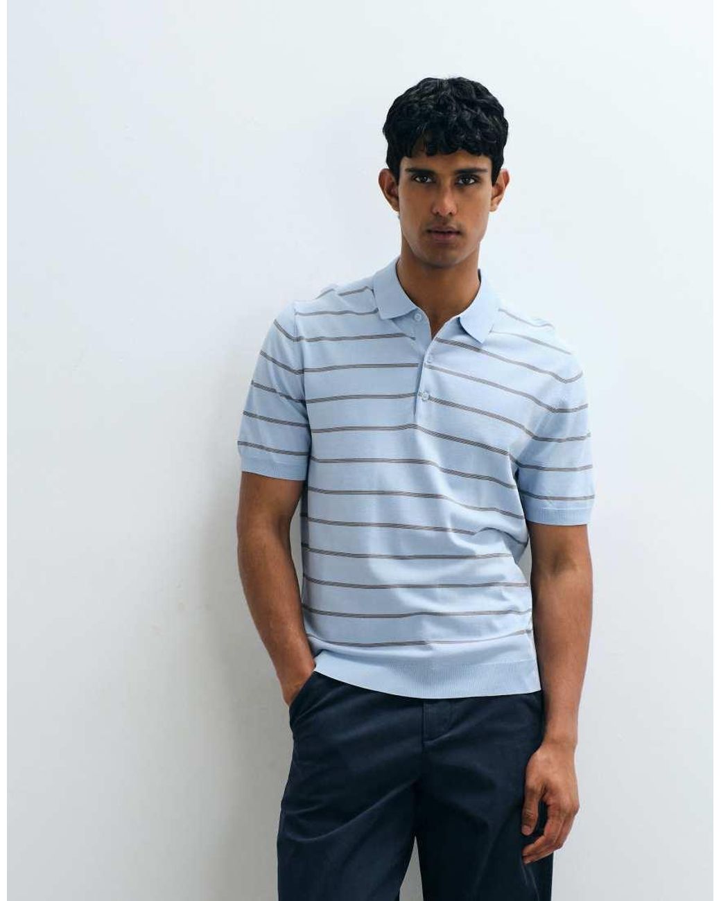 Mango Blue Knitted Striped Polo T-shirt for men
