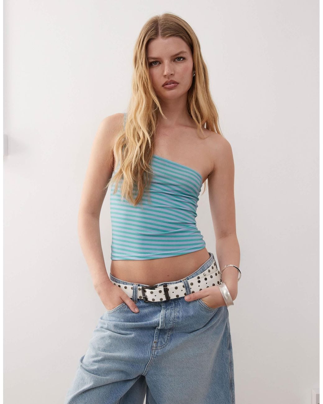 Collusion Blue One Shoulder Stripe Top