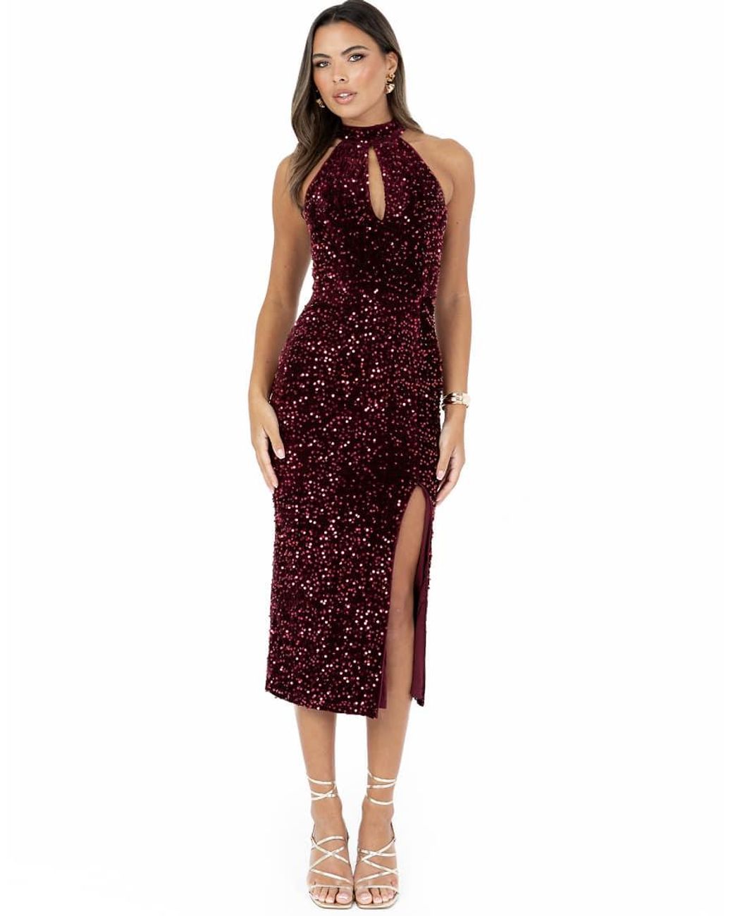 Maya Red Embellished Velvet Halter Neck Midi Dress
