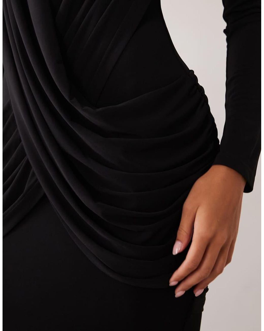 Ruched & Ready Black On My Level Sculpted High Neck Drape Front Maxi Dress