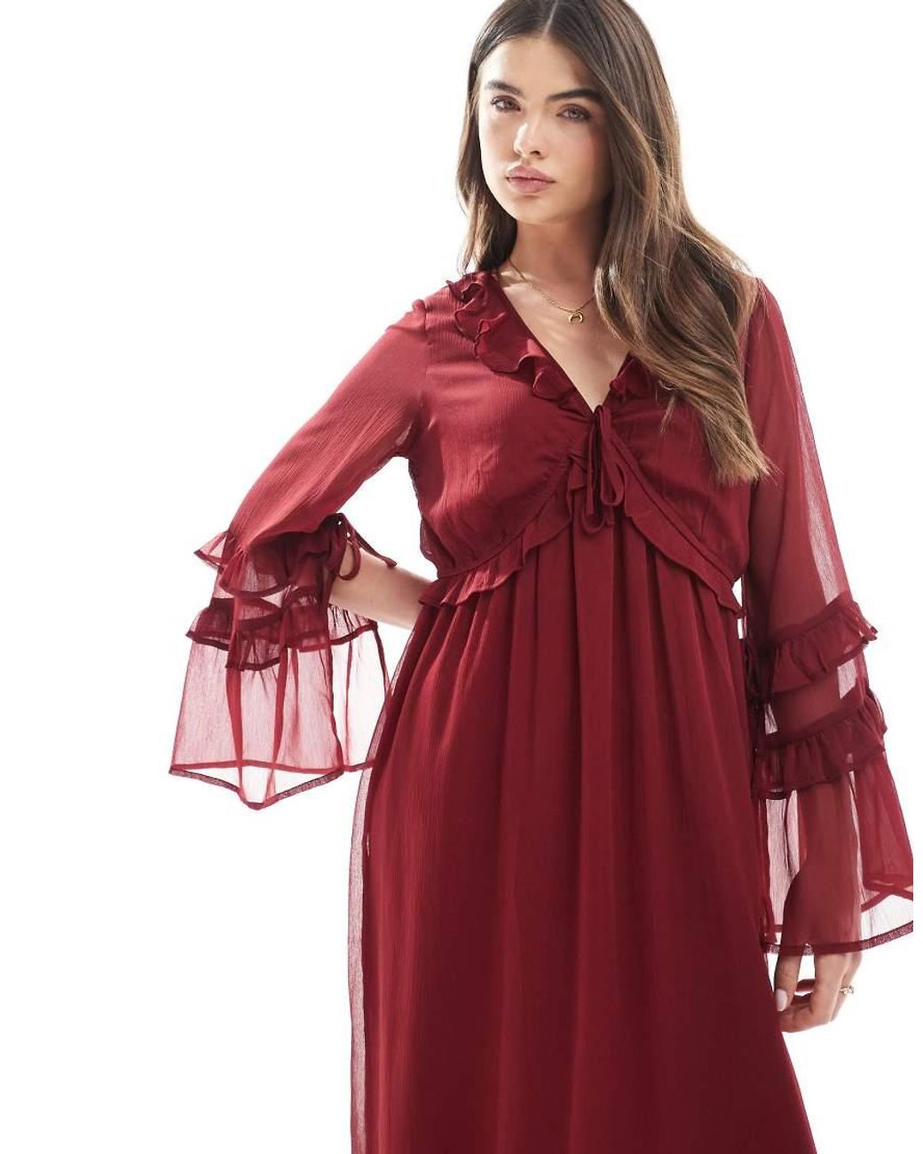 Wednesday's Girl Red Floaty V-Neck Midaxi Dress