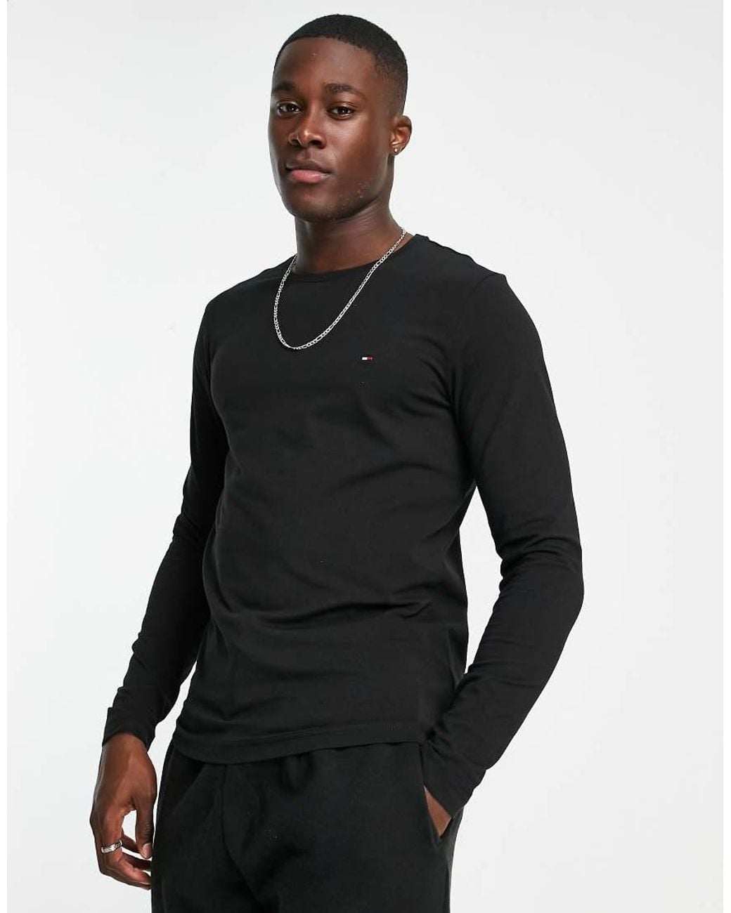 Tommy Hilfiger Black Cotton Icon Logo Stretch Slim Fit Long Sleeve Top for men