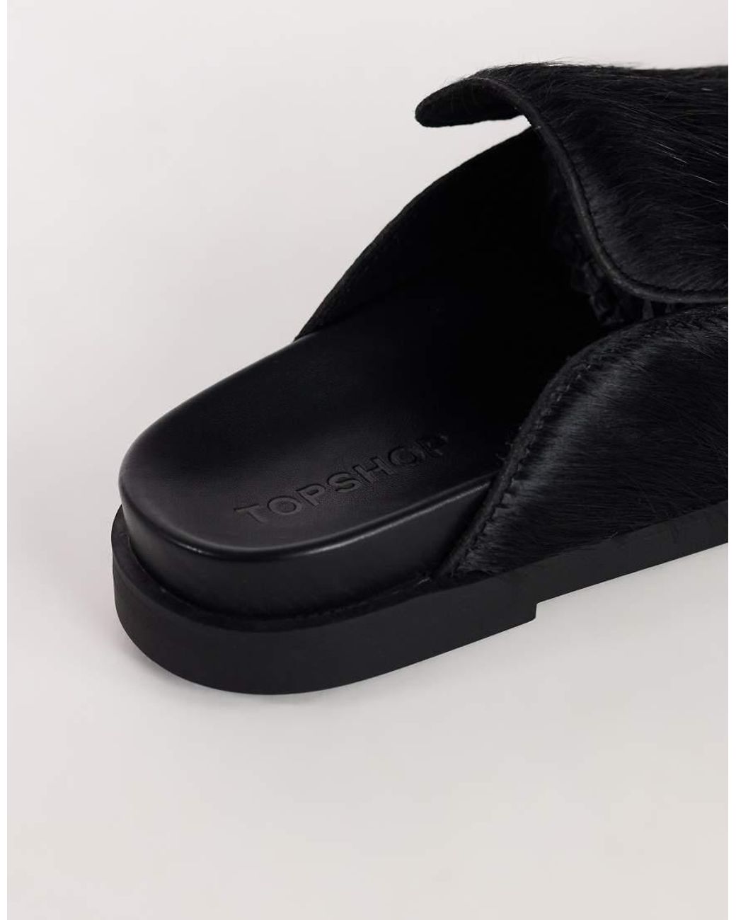 TOPSHOP Black Alexia Long Hair On Real Leather Loafer Mule
