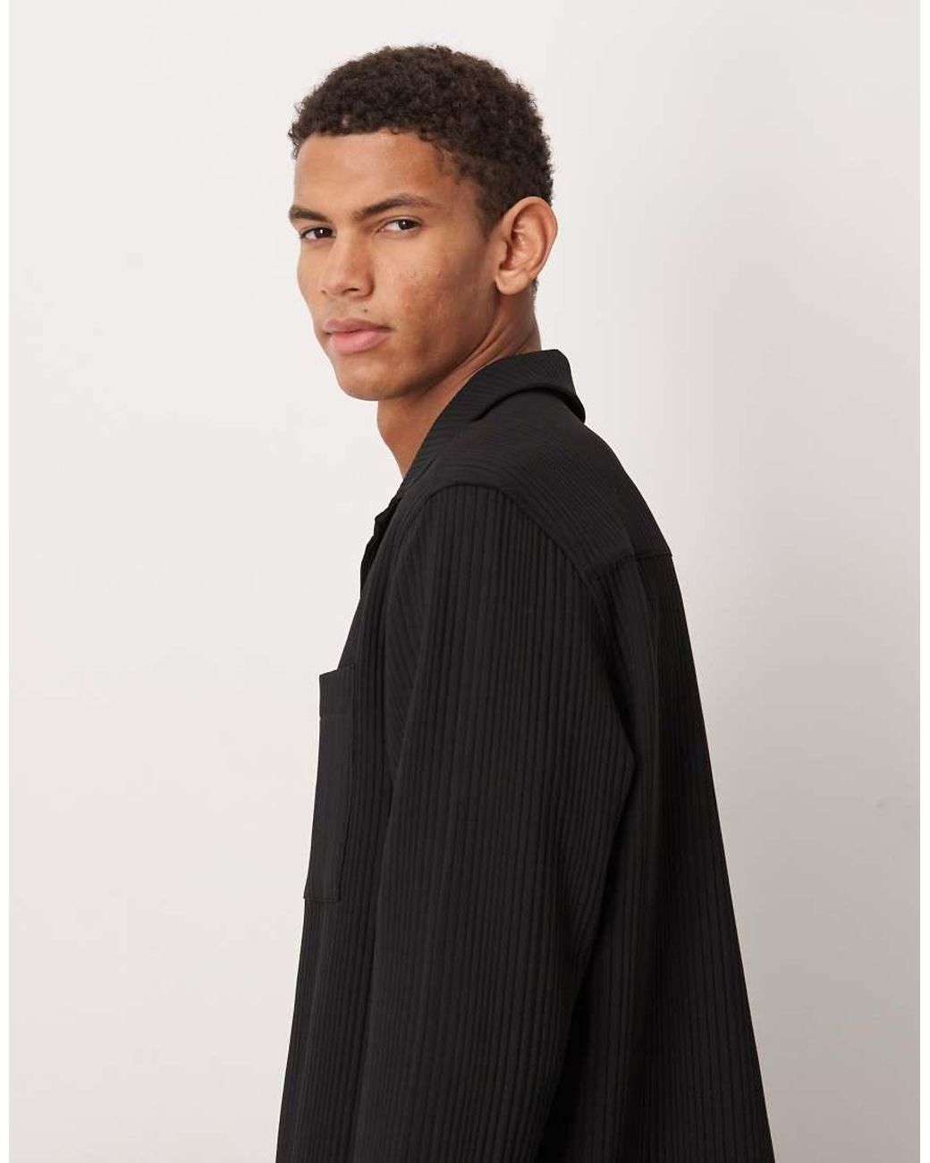 ASOS Black Co-Ord Relaxed Revere Plisse Shirt for men