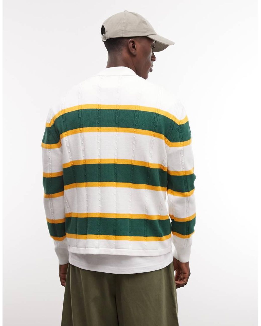 BLKVIS Green Cable Knit Stripe Long Sleeve Polo Shirt for men