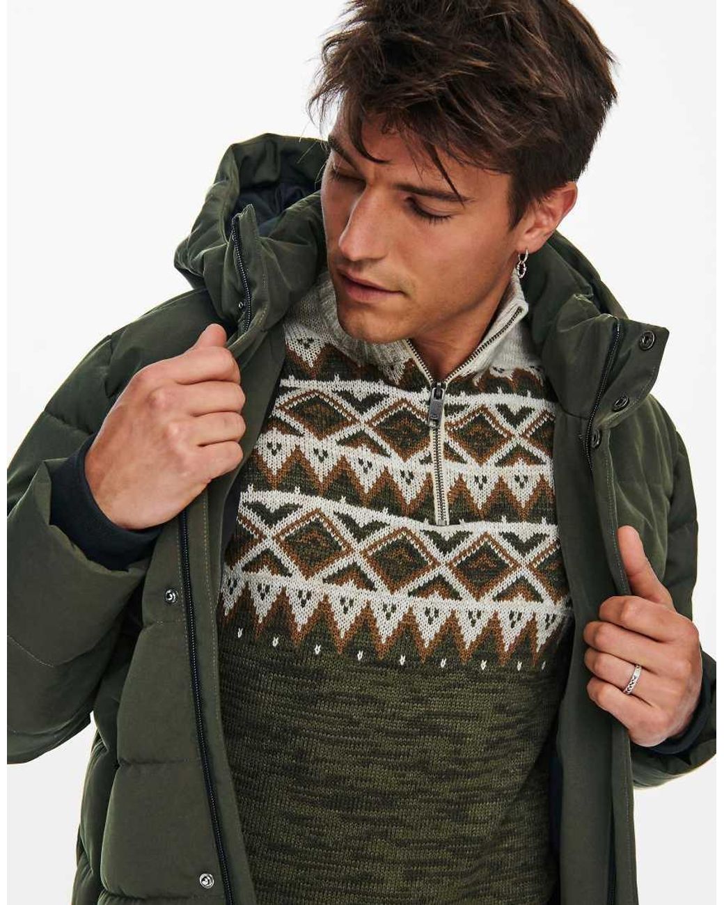Only & Sons Green Waterproof Puffer Jacket With Hood for men