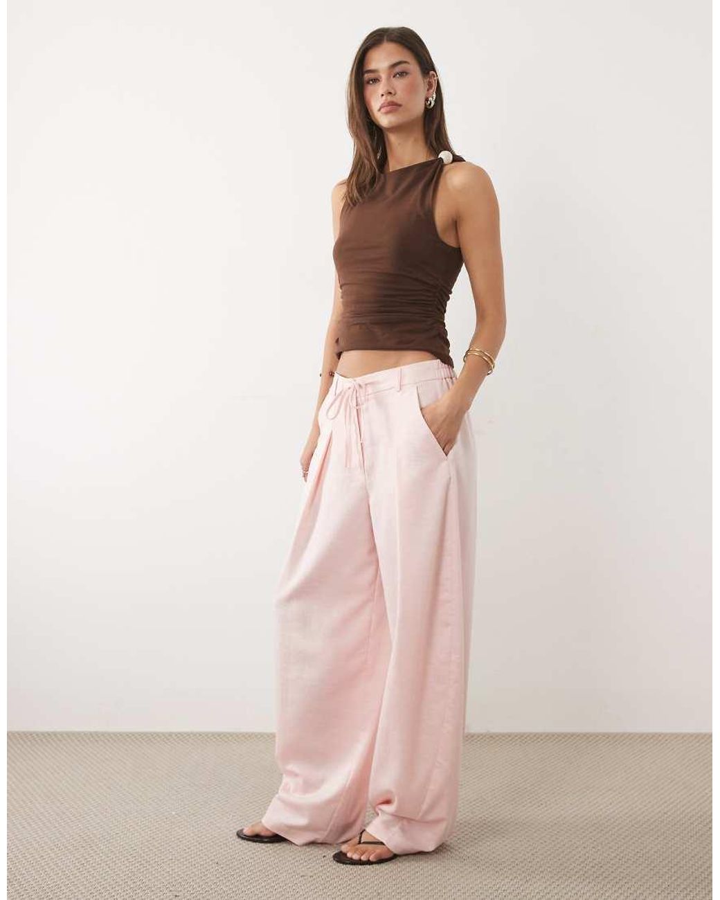 ASOS Pink Linen Blend Drawstring Waist Barrel Trouser
