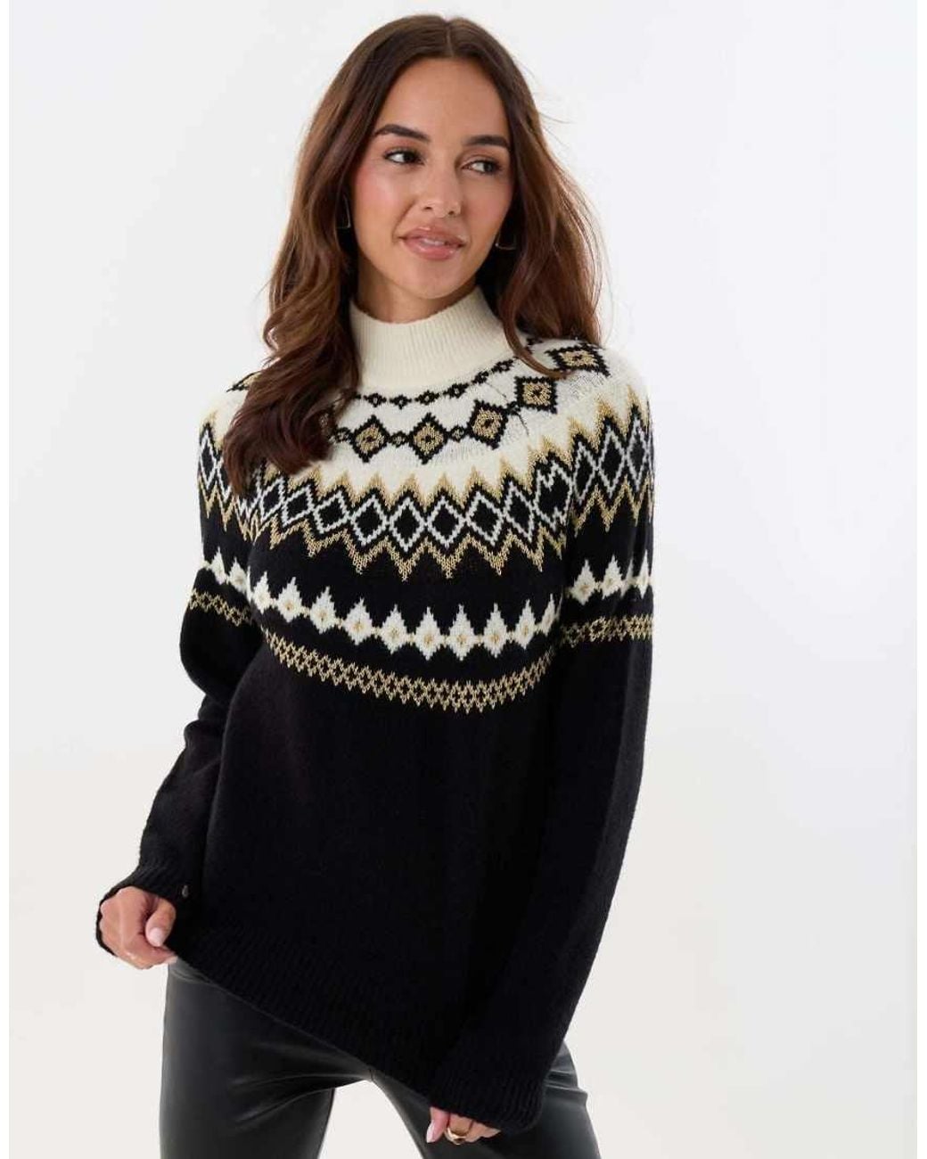 Threadbare Brown Fairisle Funnel Neck Christmas Jumper
