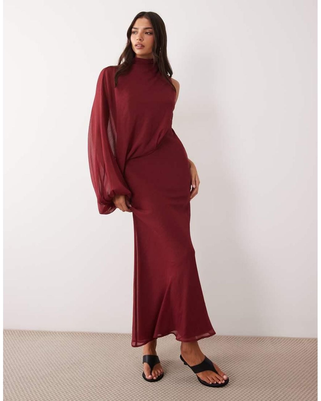 ASOS Red One Sleeve Blouson Overlay Bias Cut Maxi Dress