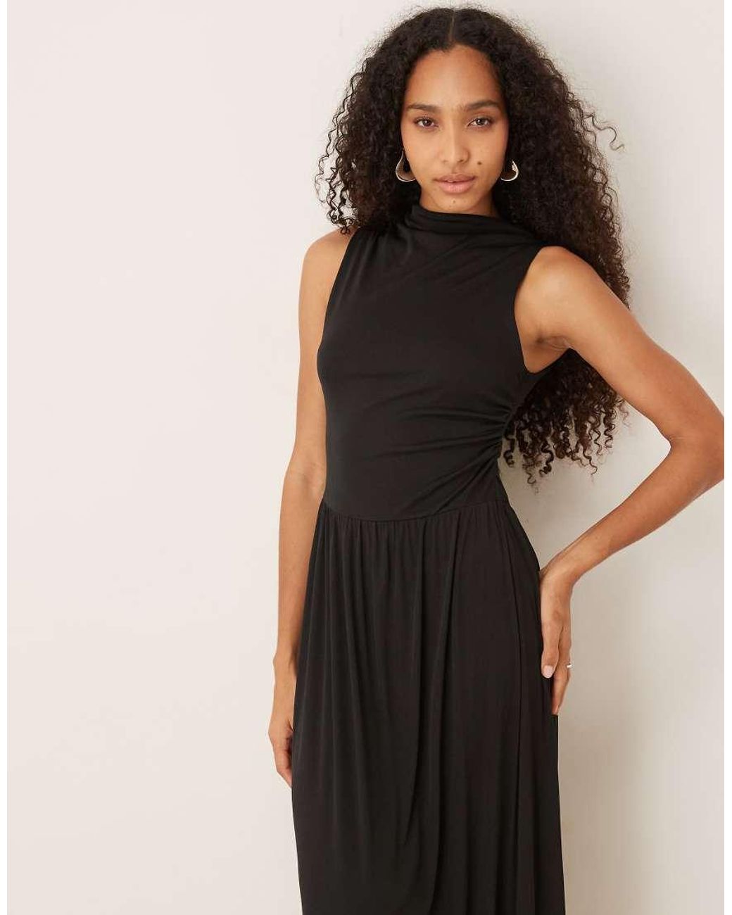 ASOS Black Aysm Sleeve Dropped Waist Midi Dress