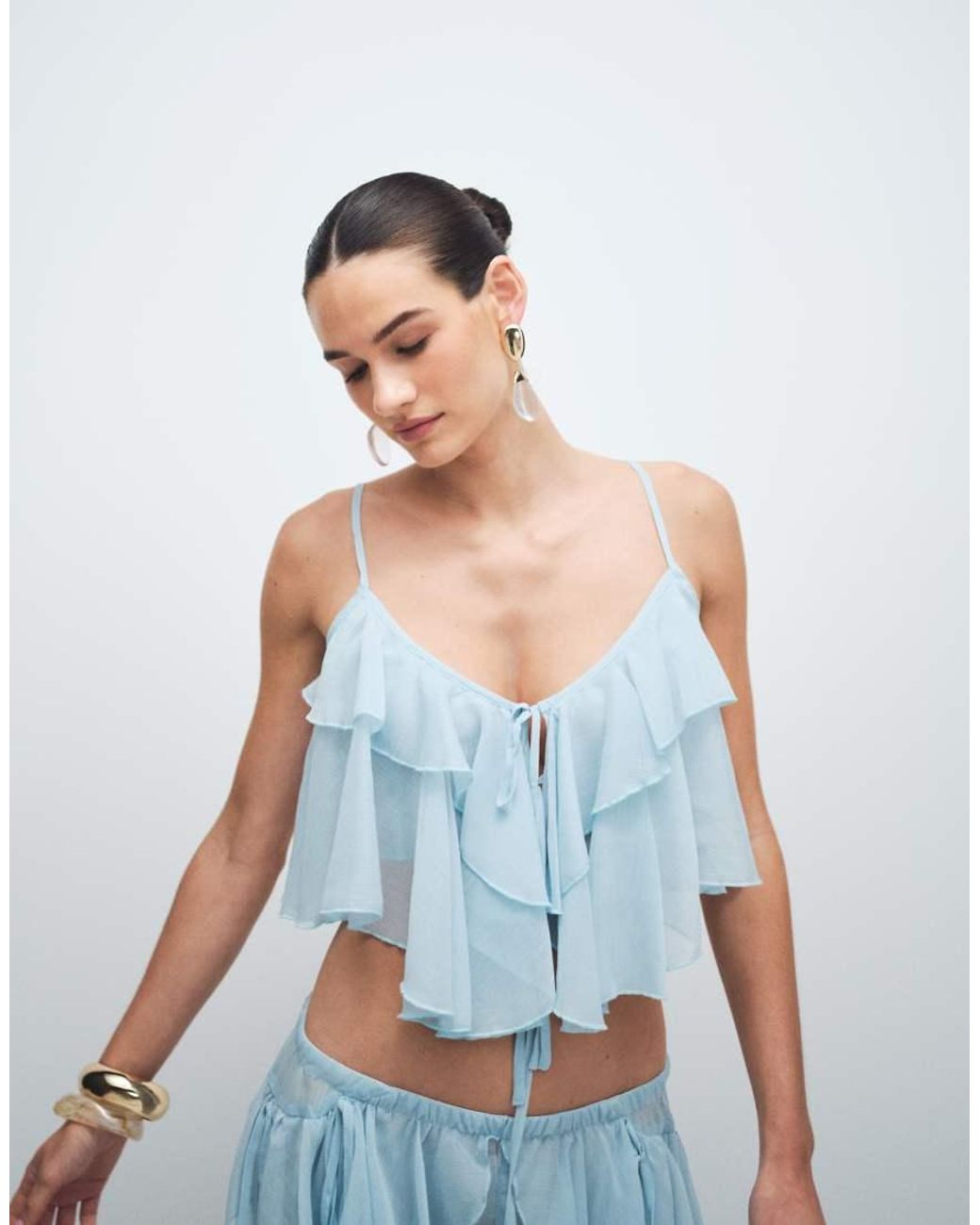 Noughts & Kisses Blue Chiffon Extreme Ruffle Cropped Cami Top Co-Ord