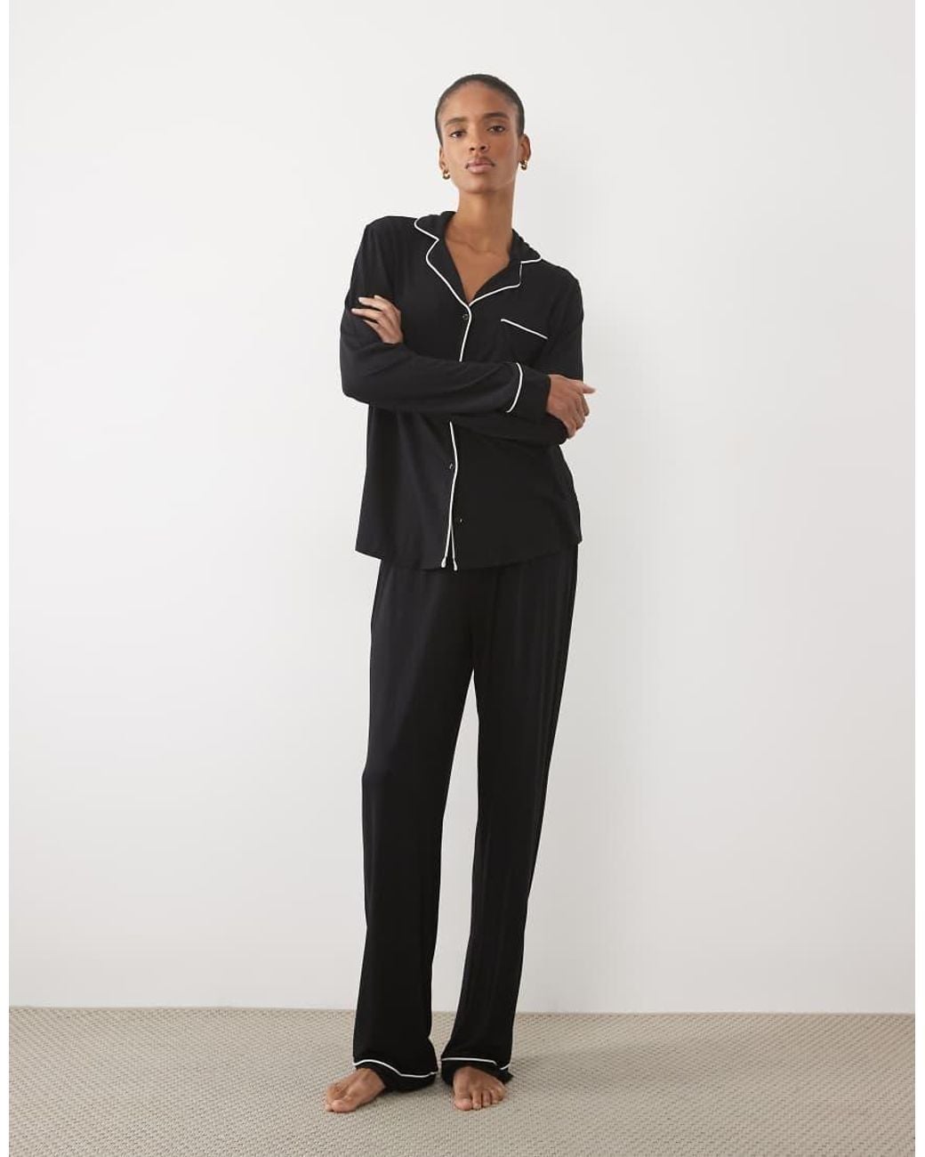 ASOS Black Asos Design Viscose Tall Super Soft Long Sleeve Shirt & Trouser Pyjama Set