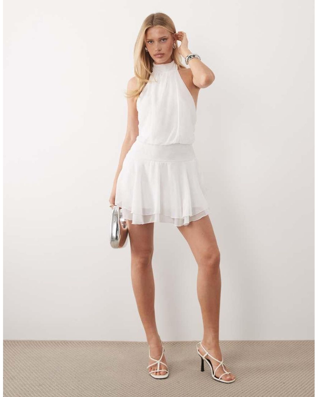 Fashionkilla White Chiffon Halterneck Foldover Detail Ruffle Skirt Mini Dress