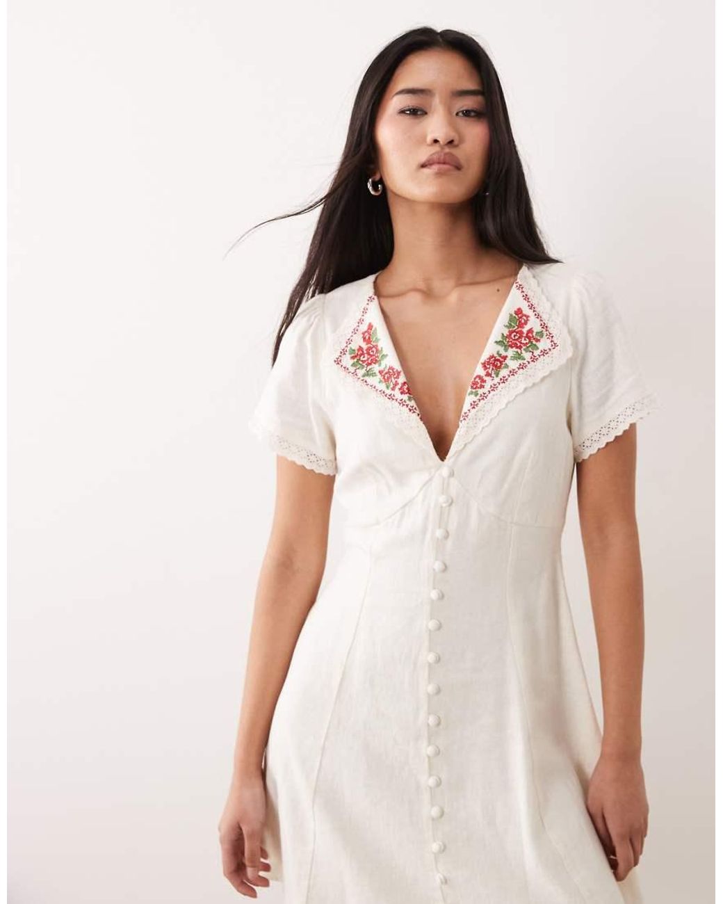 Nobody's Child Natural Lillian Linen Blend Embroidered Collar Mini Dress