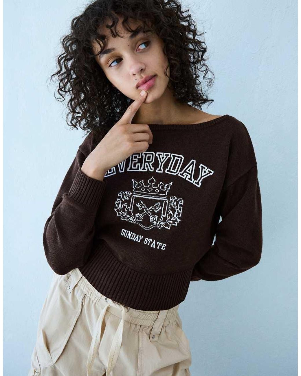 Bershka Black Asymmetric-neck Printed Jumper