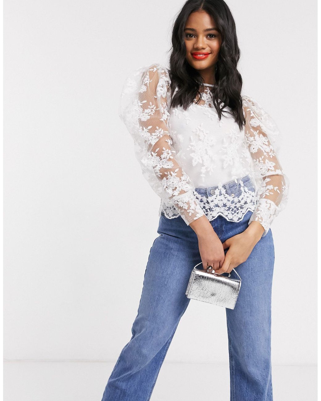 Lipsy Lace Puff Sleeve Blouse With Tie Bow Neck Detail in White | Lyst