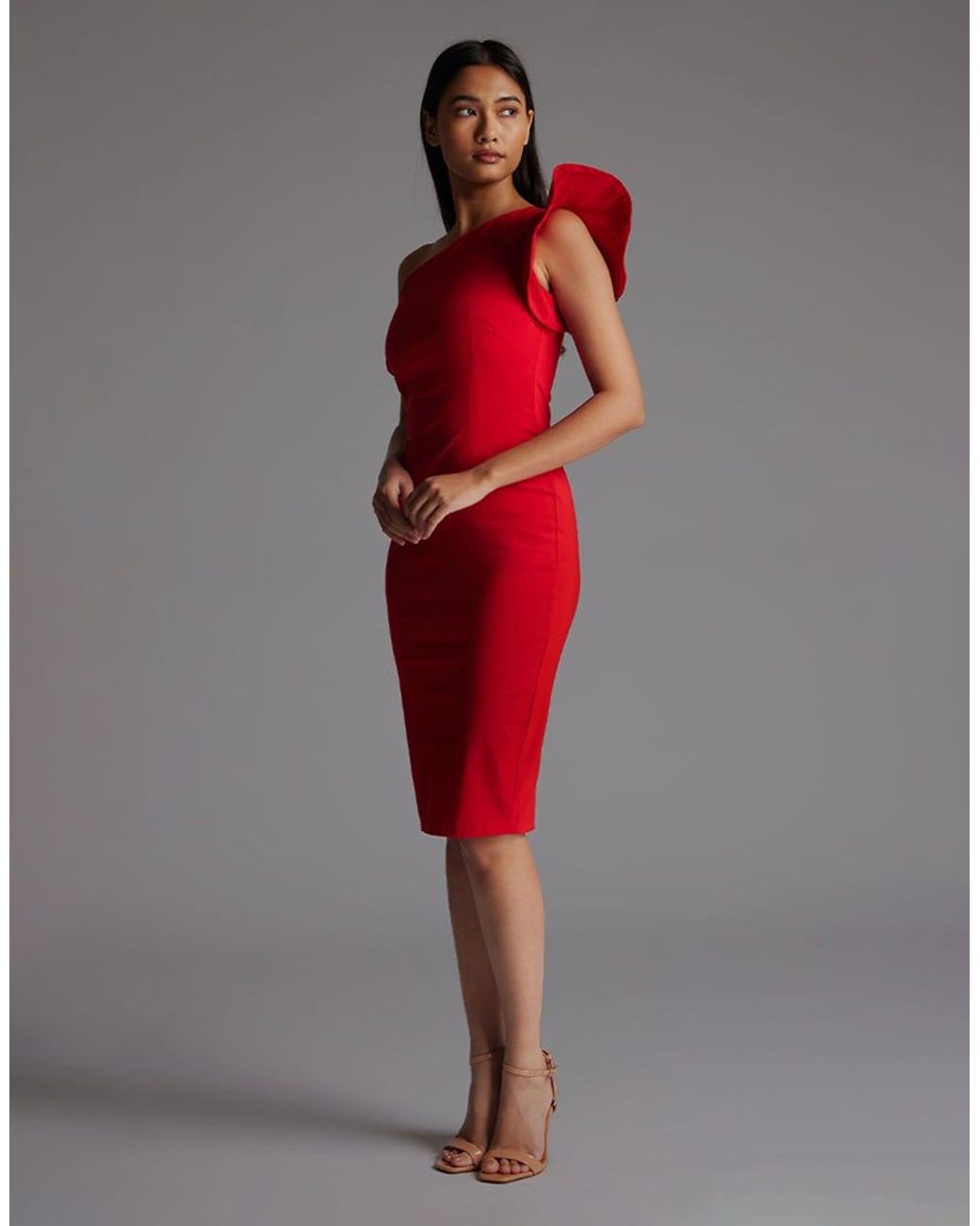 Vesper Red One Shoulder Bodycon Midi Dress With Frill