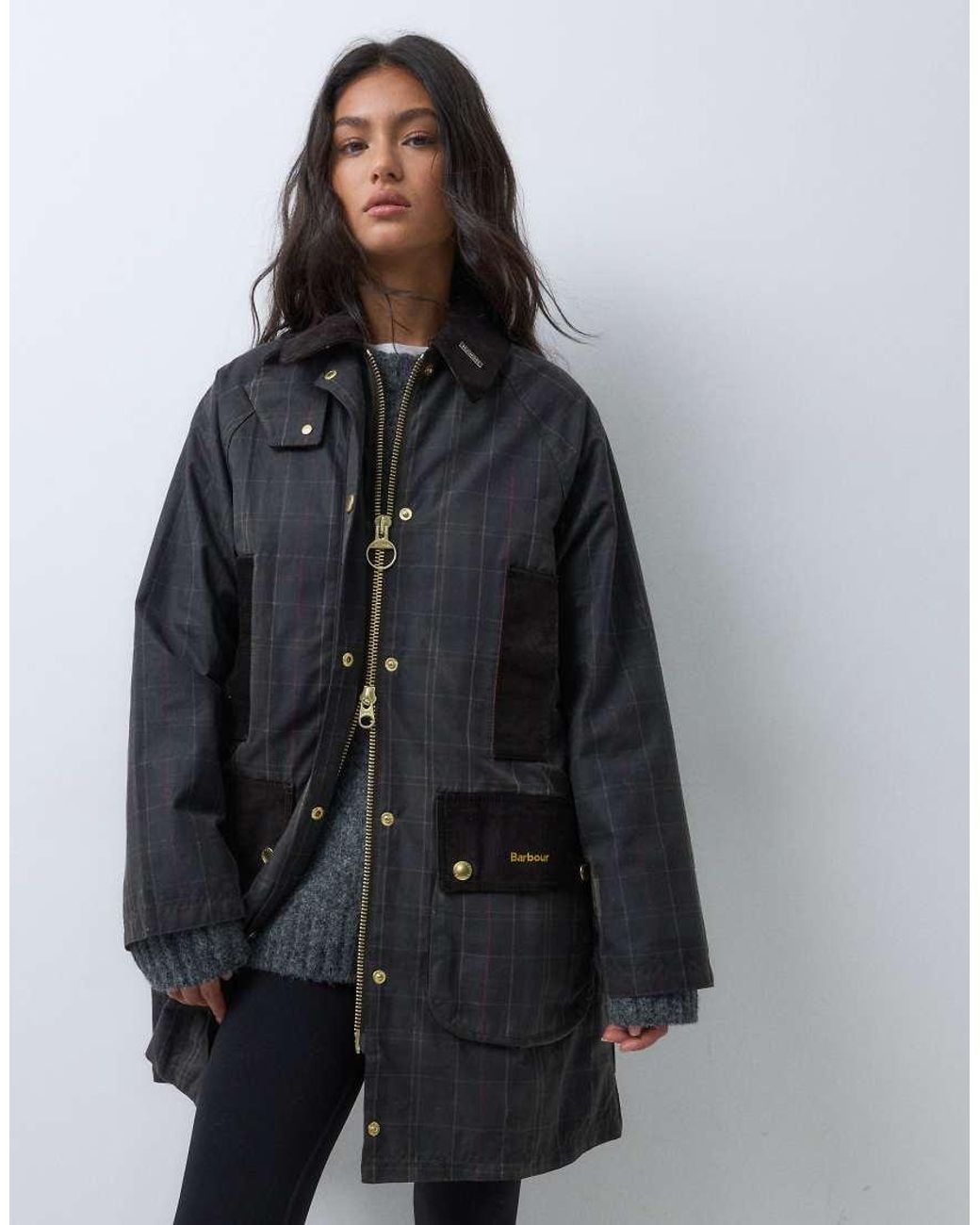 Barbour Gray Icons Beaufort Reimagined Long Wax Tartan Check Jacket