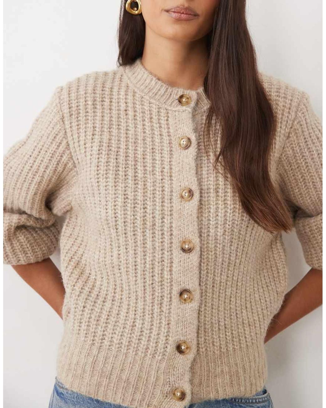 ASOS Brown Fisherman Rib Waisted Cardigan With Wool