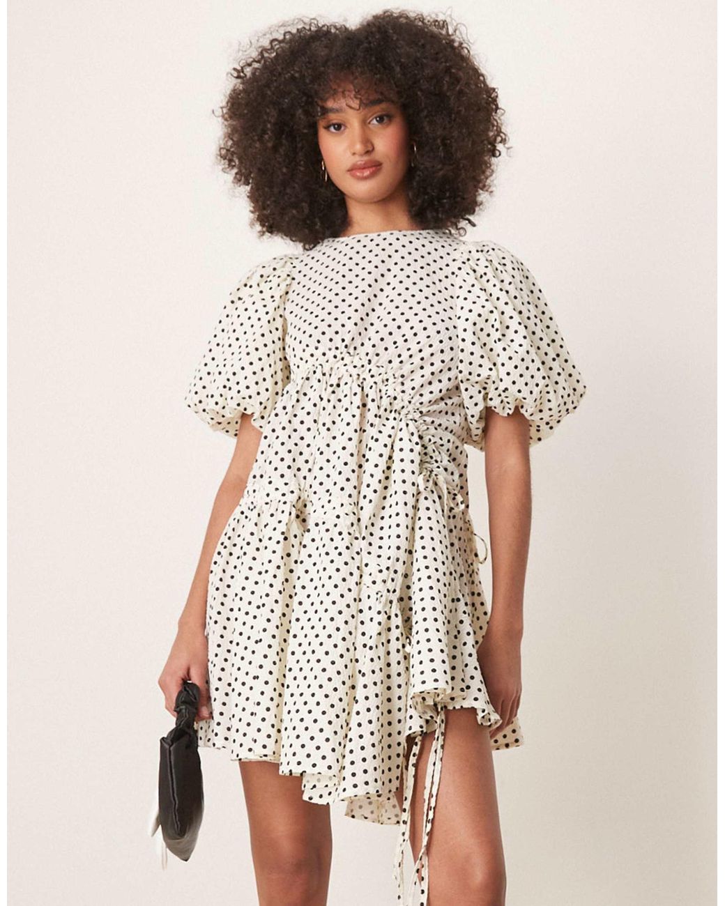 Ghospell Ruched Asymmetric Polka Dot Mini Dress in Natural | Lyst Ghospell Ruched Asymmetric Polka Dot Mini Dress in Natural | Lyst