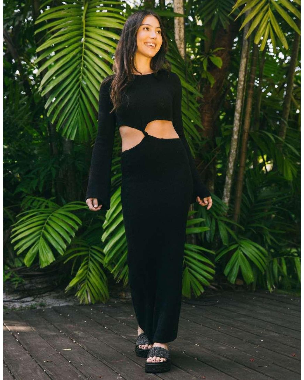 South Beach Black Maxi Knit Beach Dress With Cutout Detail