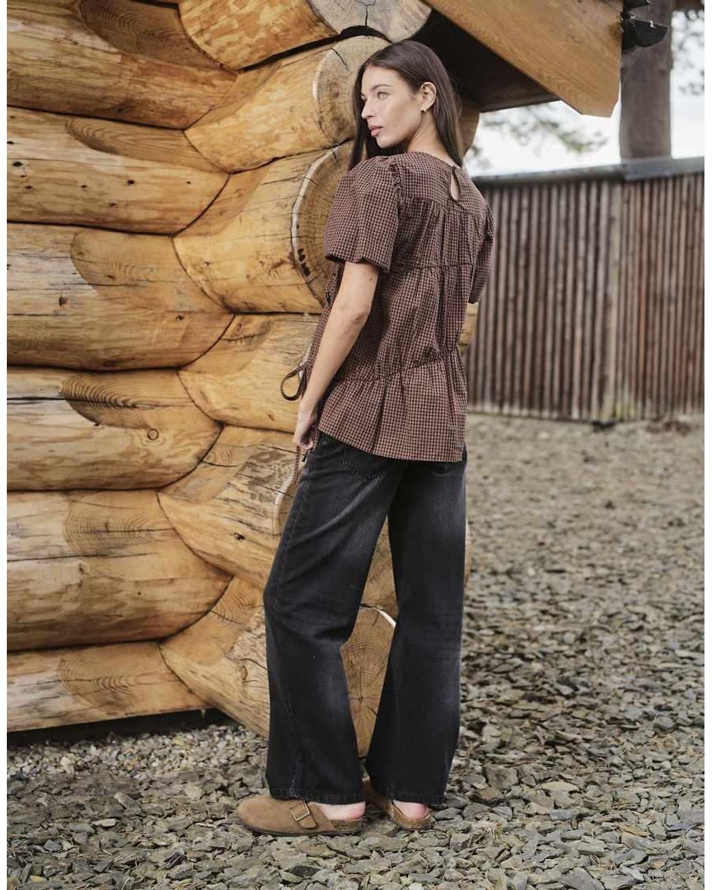 Daisy Street Brown Shirred Hemlock Blouse With Puff Sleeve