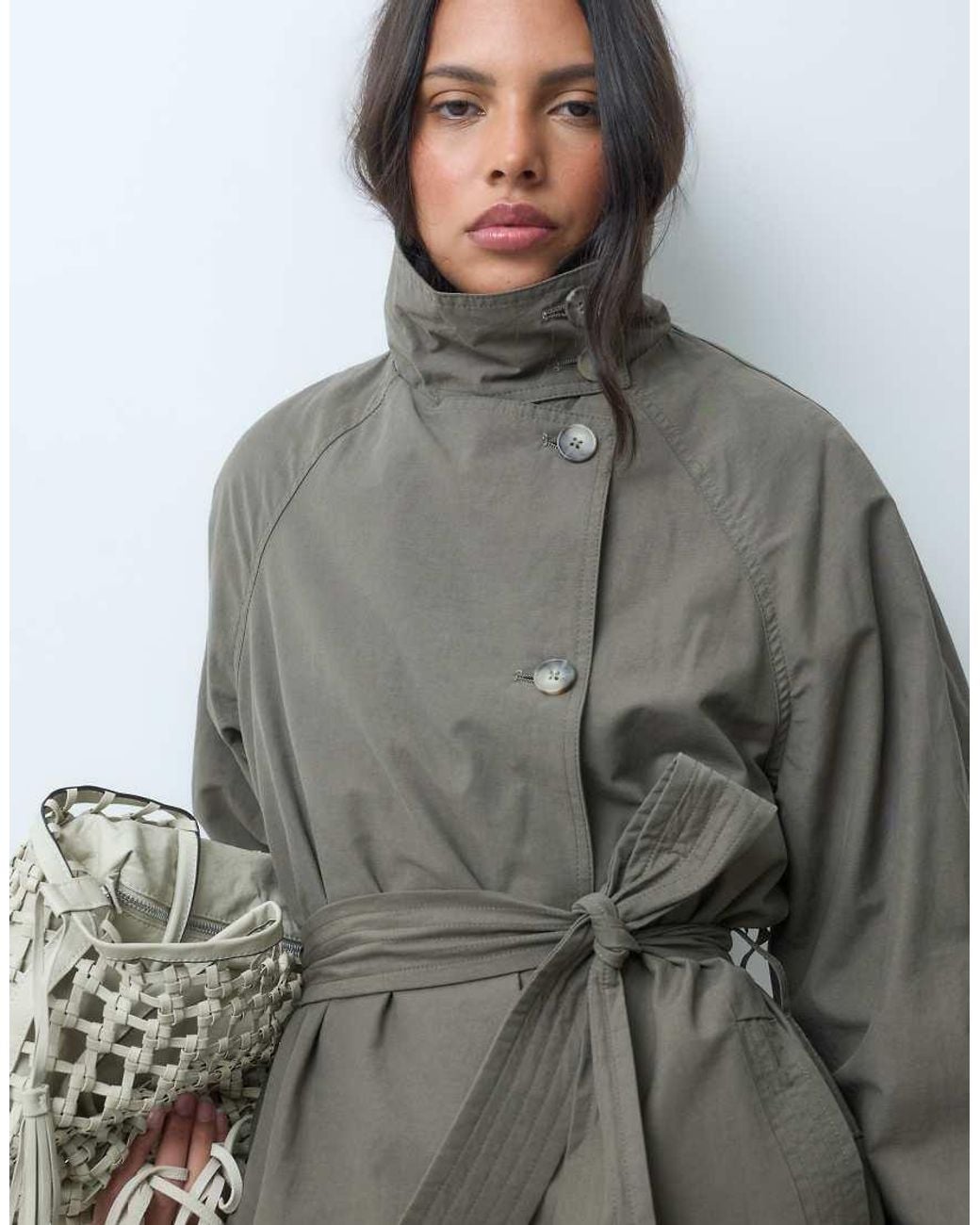 ASOS Gray Funnel Neck Tie Belt Trench Coat