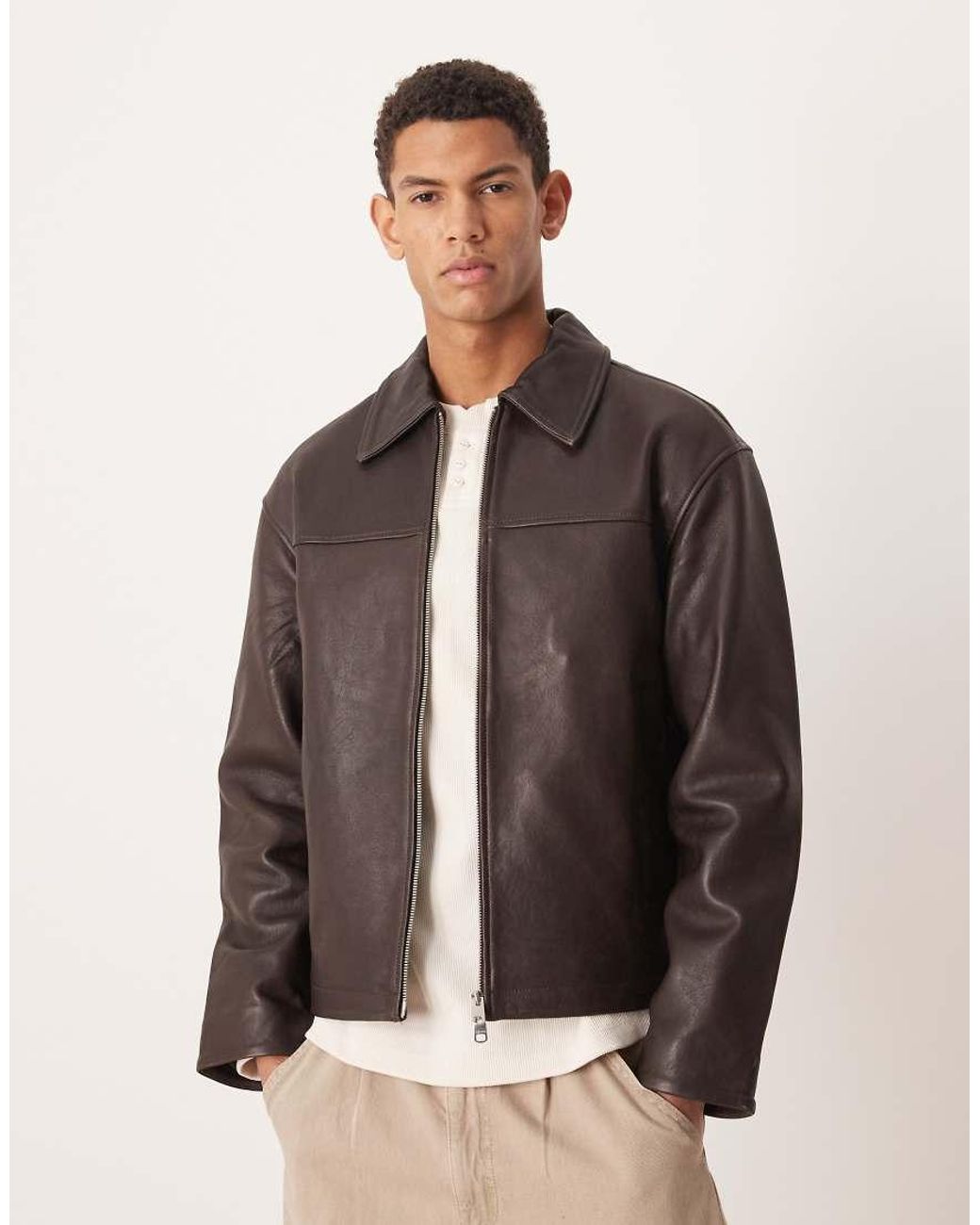 SELECTED Brown Leather Zip Jacket for men