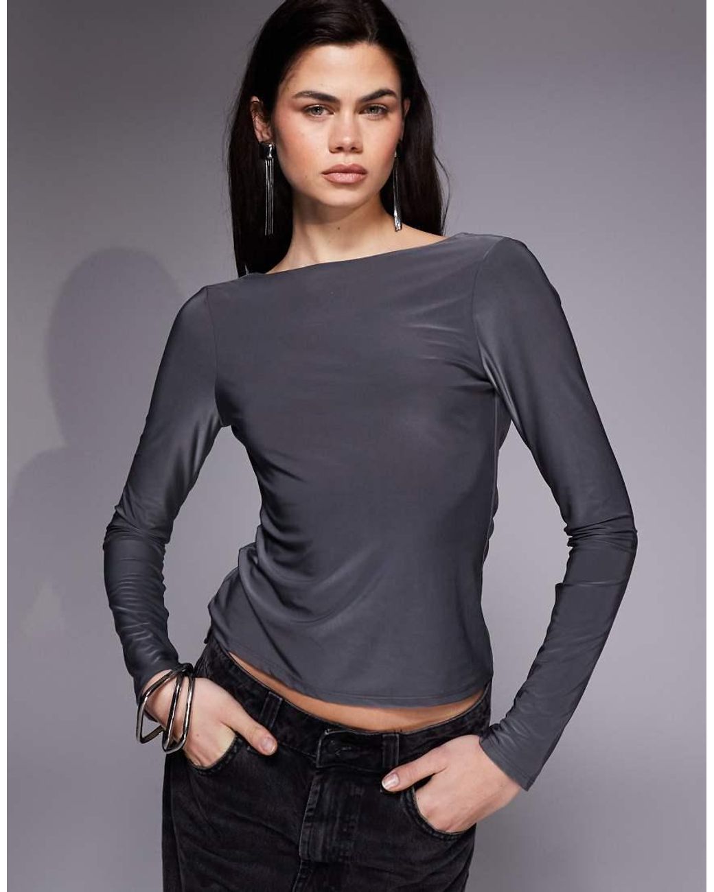 ASOS Gray Slinky Draped Back Long Sleeve Top