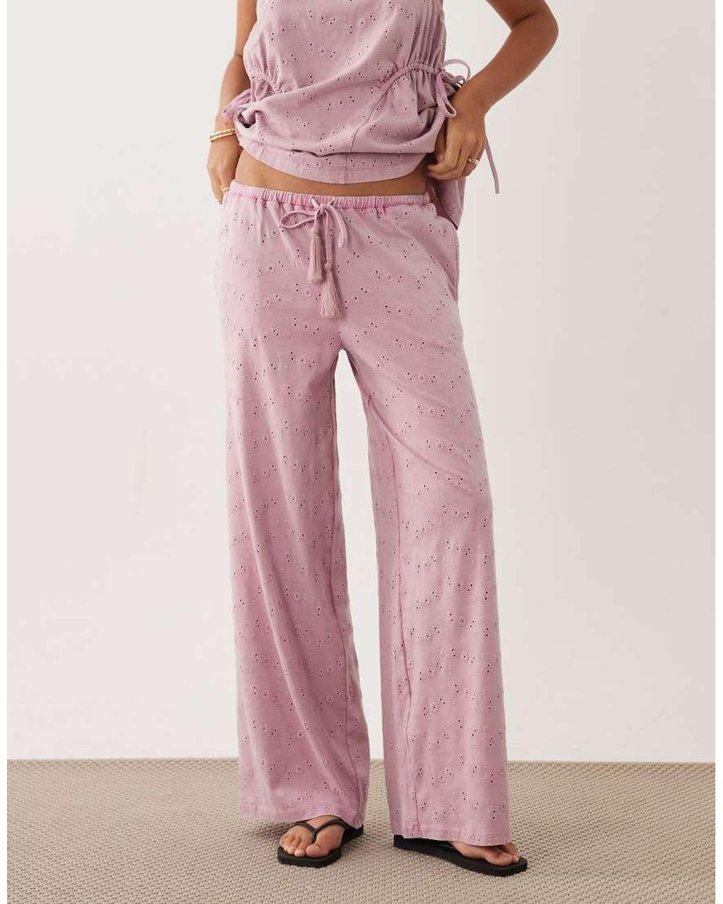 ASOS Pink Wide Leg Drawcord Tassel Detail Jersey Broderie Co-ord Trouser