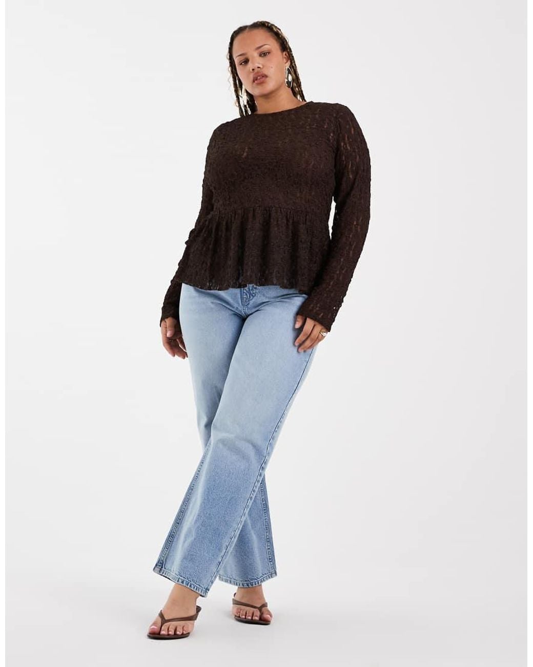 Vero Moda Brown Long Sleeve Textured Peplum Top