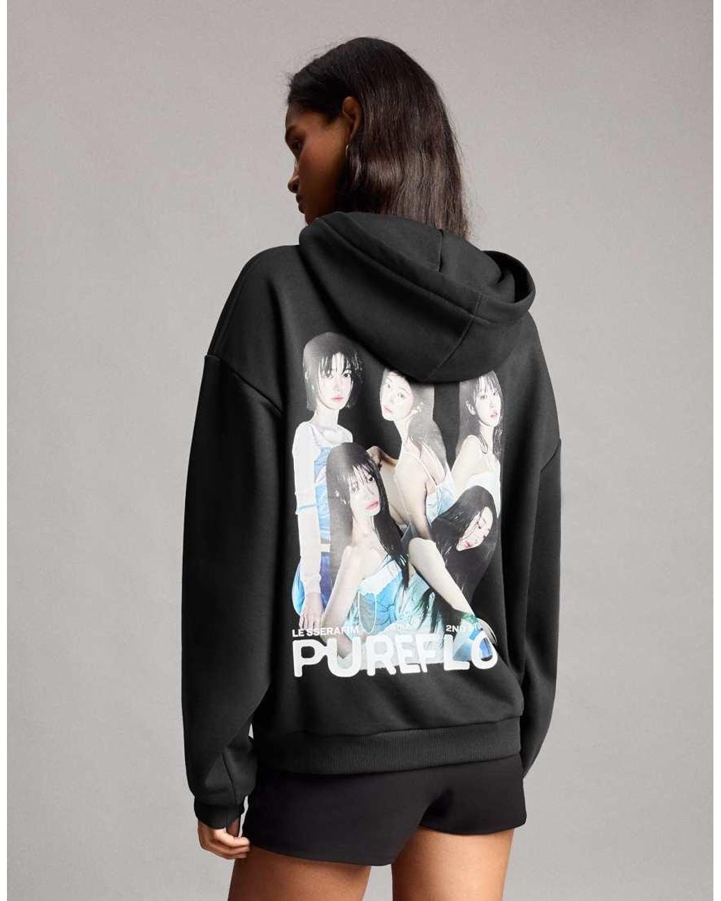 Bershka Black Le Sserafim Oversize Hood Sweatshirt