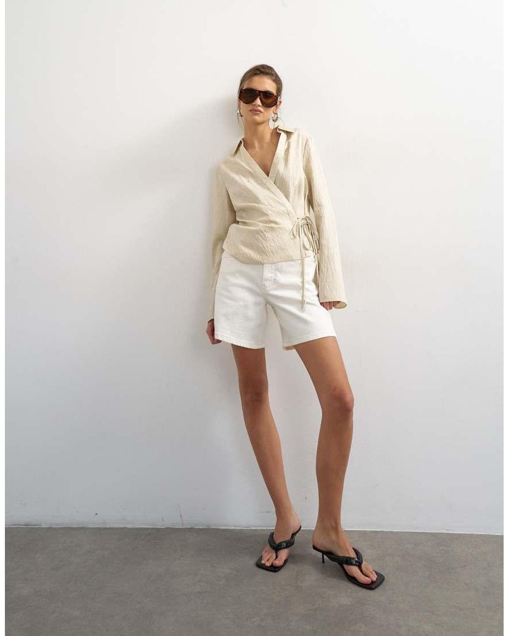 TOPSHOP Natural Stripe Asymmetric Wrap Tie Shirt