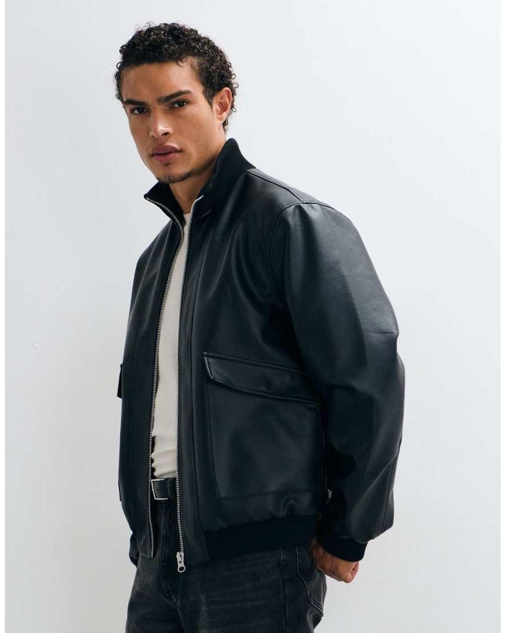 ASOS Blue Double Pocket Leather Look Bomber for men