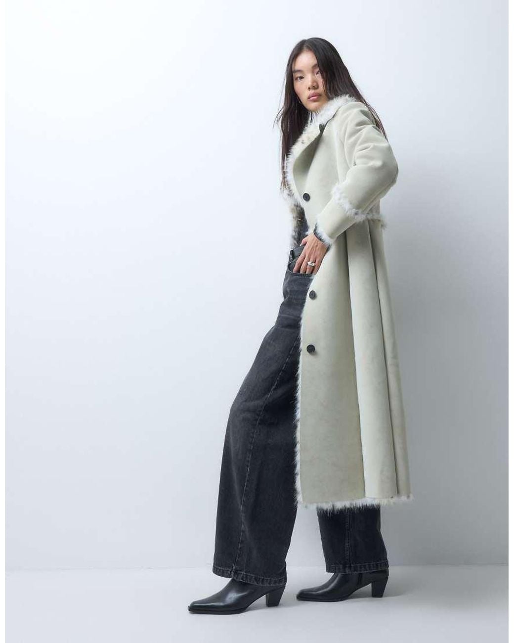 Reclaimed Vintage Blue Contrast Animal Faux Fur Longline Coat